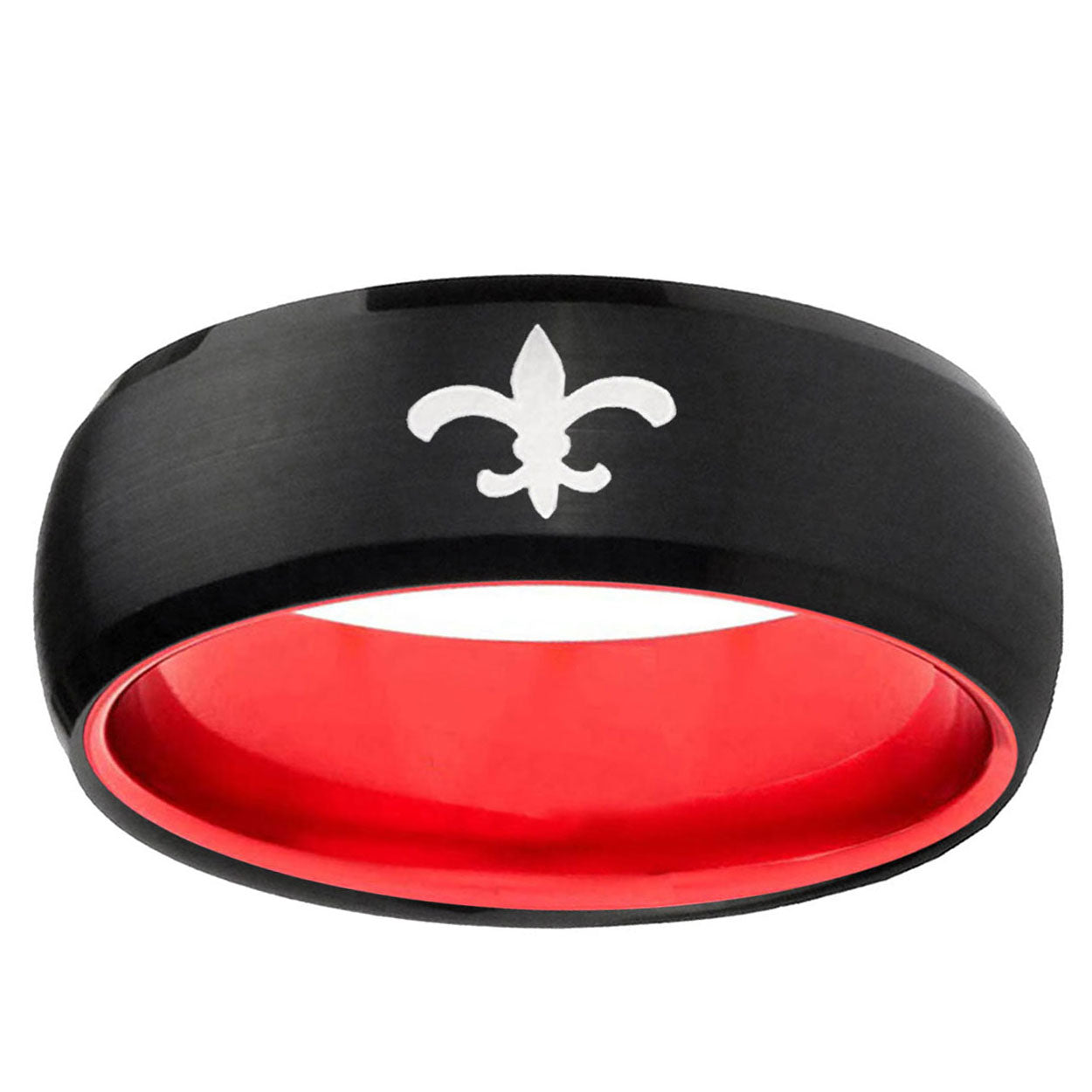 Fleur-De-Lis Dome Black And Red Tungsten Ring Engraved