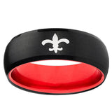 Fleur-De-Lis Dome Black And Red Tungsten Carbide Men's Ring Engraved