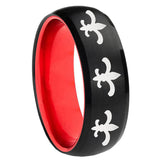 8mm Multiple Fleur-De-Lis Dome Black And Red Tungsten Men's Ring Personalized
