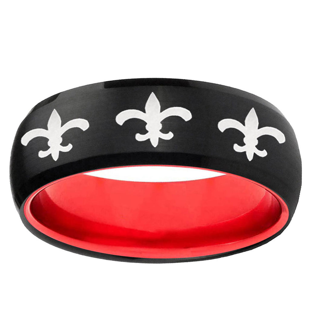 Multiple Fleur-De-Lis Dome Black Red Tungsten Ring
