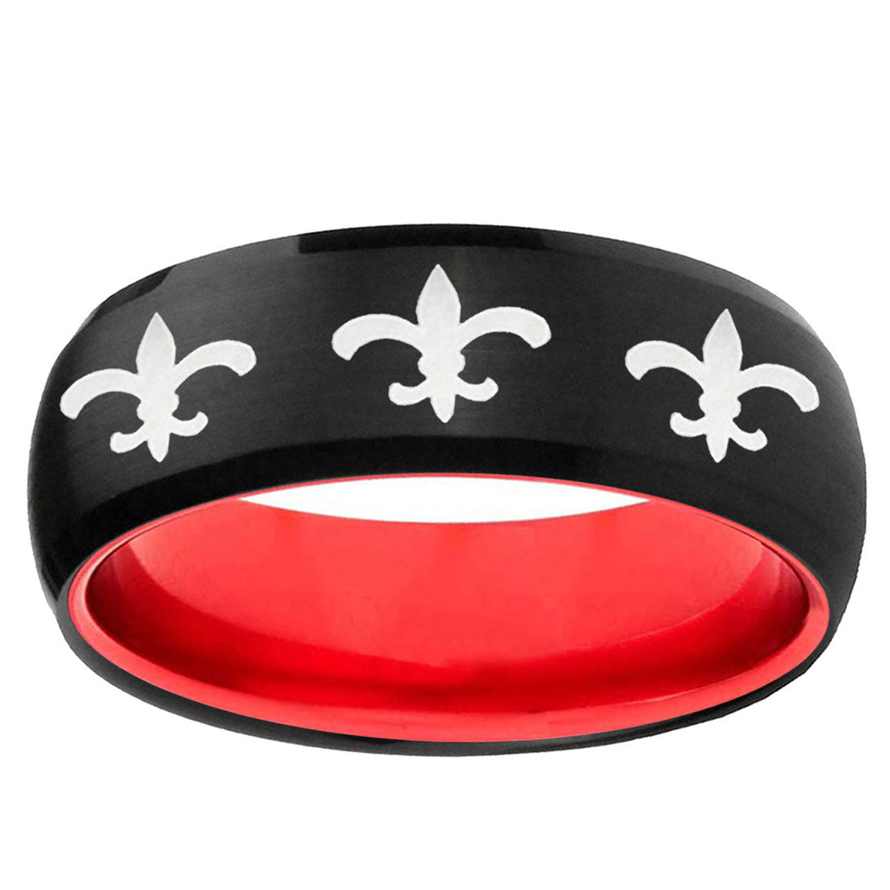 Multiple Fleur-De-Lis Dome Black Red Tungsten Ring