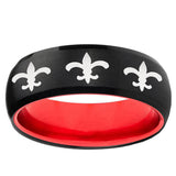 Multiple Fleur-De-Lis Dome Black And Red Tungsten Men's Ring Personalized