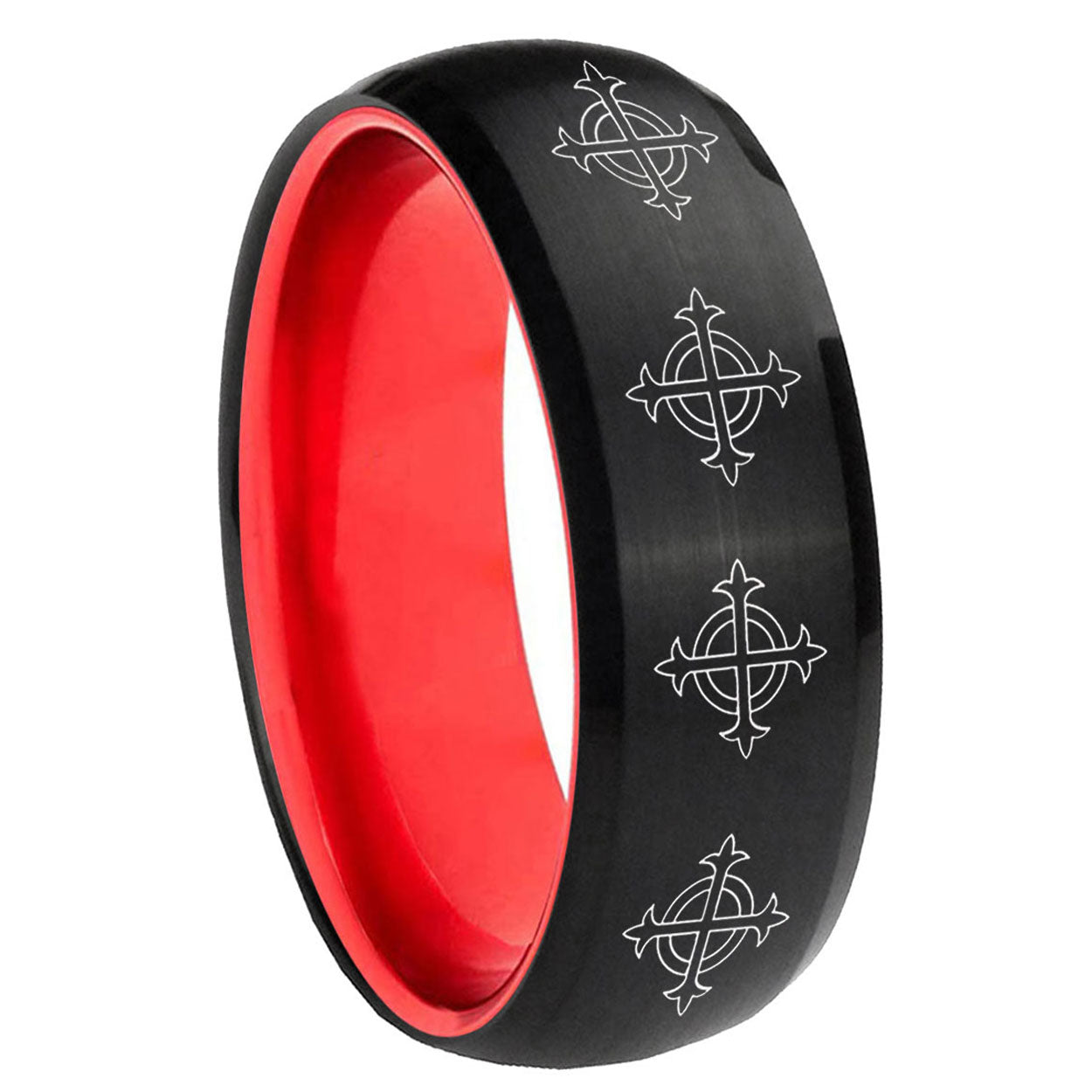 8mm Multiple Crosses Dome Black And Red Tungsten Men Bands