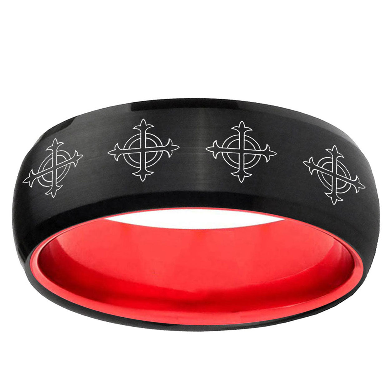Multiple Crosses Dome Black And Red Tungsten Men Bands