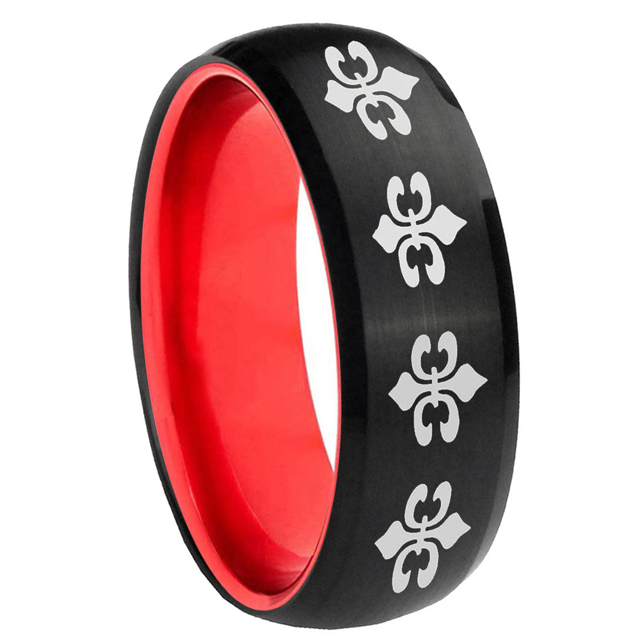 8mm Multiple Fleur-De-Lis Dome Black Red Tungsten Mens Ring