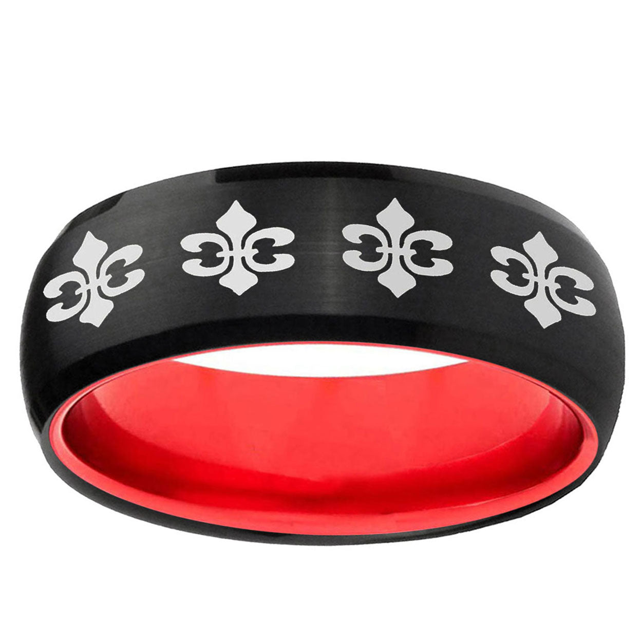 Multiple Fleur-De-Lis Dome Black Red Tungsten Mens Ring