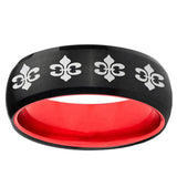 Multiple Fleur-De-Lis Dome Black And Red Tungsten Men's Band Ring