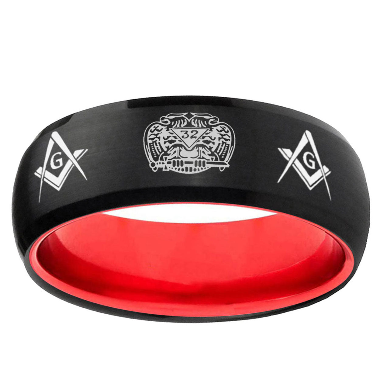 Masonic 32 Design Dome Black Red Tungsten Engagement Ring