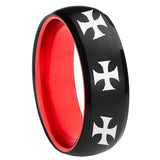 8mm Multiple Maltese Cross Dome Black And Red Tungsten Men's Wedding Ring