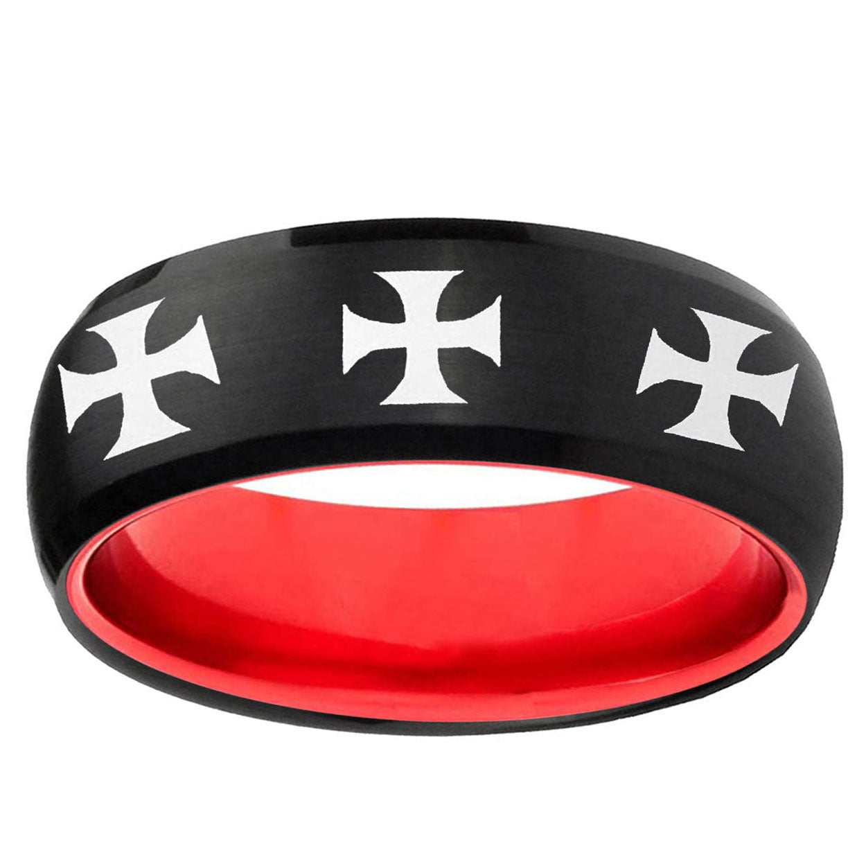 Multiple Maltese Cross Dome Black And Red Tungsten Ring