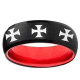 Multiple Maltese Cross Dome Black And Red Tungsten Men's Wedding Ring
