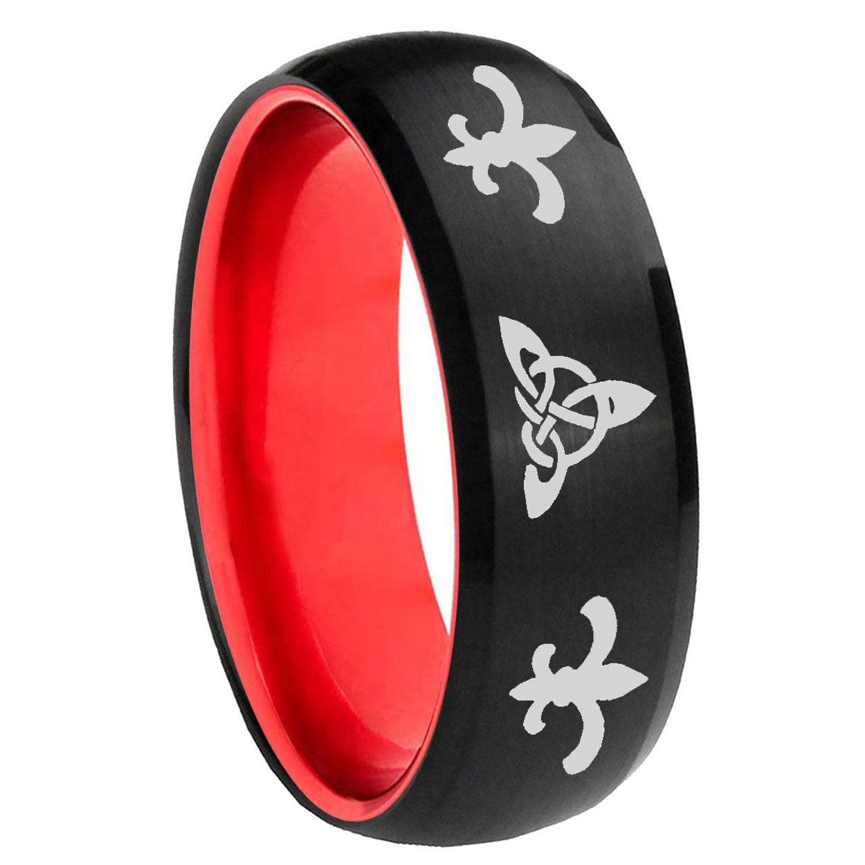 8mm Celtic Triangle Fleur-De-Lis Dome Black Red Tungsten Ring