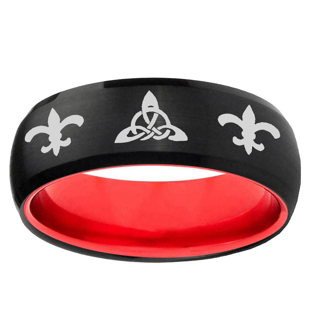 Celtic Triangle Fleur-De-Lis Dome Black Red Tungsten Ring