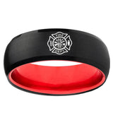 Fire Department Dome Black And Red Tungsten Carbide Rings for Men
