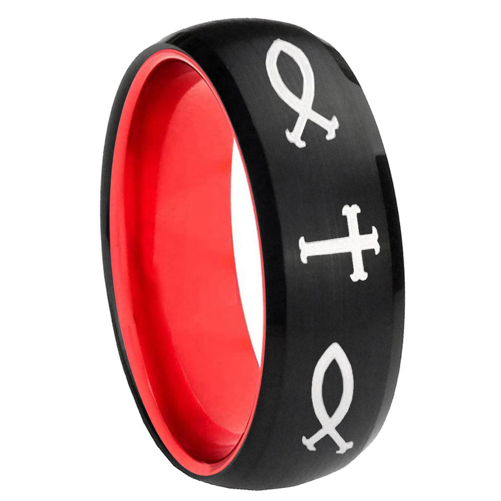 8mm Fish & Cross Dome Black And Red Tungsten Wedding Band Men's