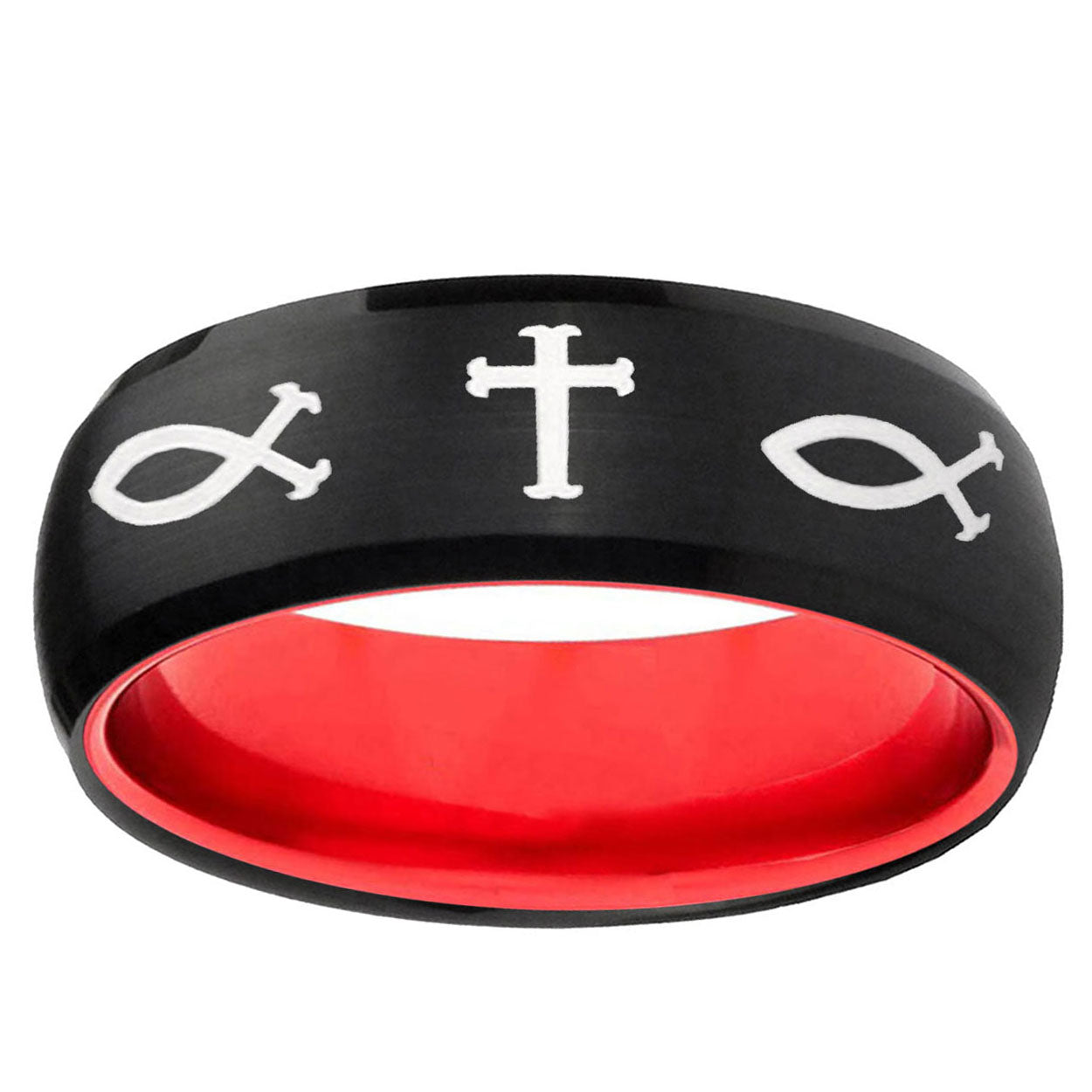 Fish & Cross Dome Black And Red Tungsten Wedding Band Men's