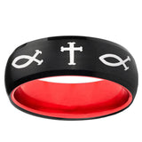 Fish & Cross Dome Black And Red Tungsten Carbide Wedding Band Men's