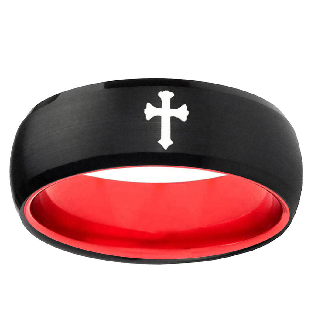Flat Christian Cross Dome Black Red Tungsten Custom Ring