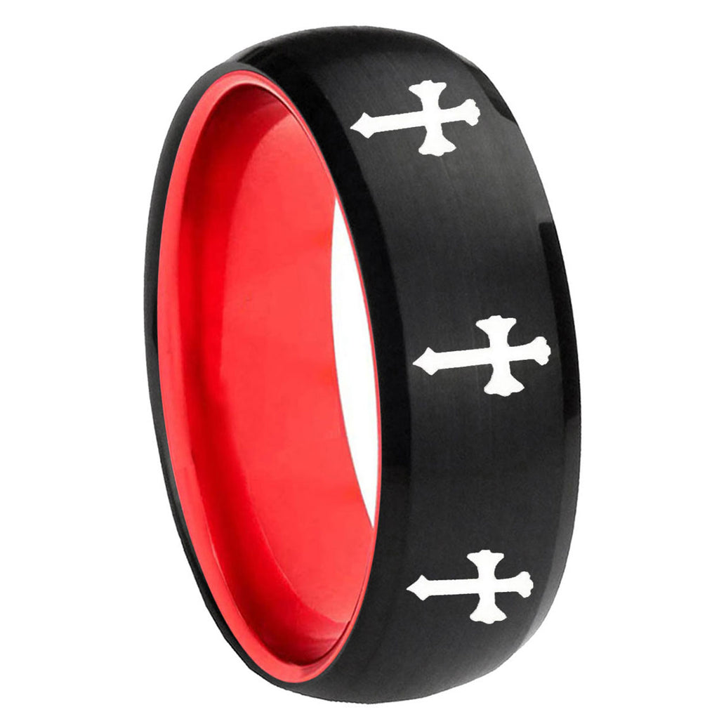 8mm Multiple Christian Cross Dome Black And Red Tungsten Ring