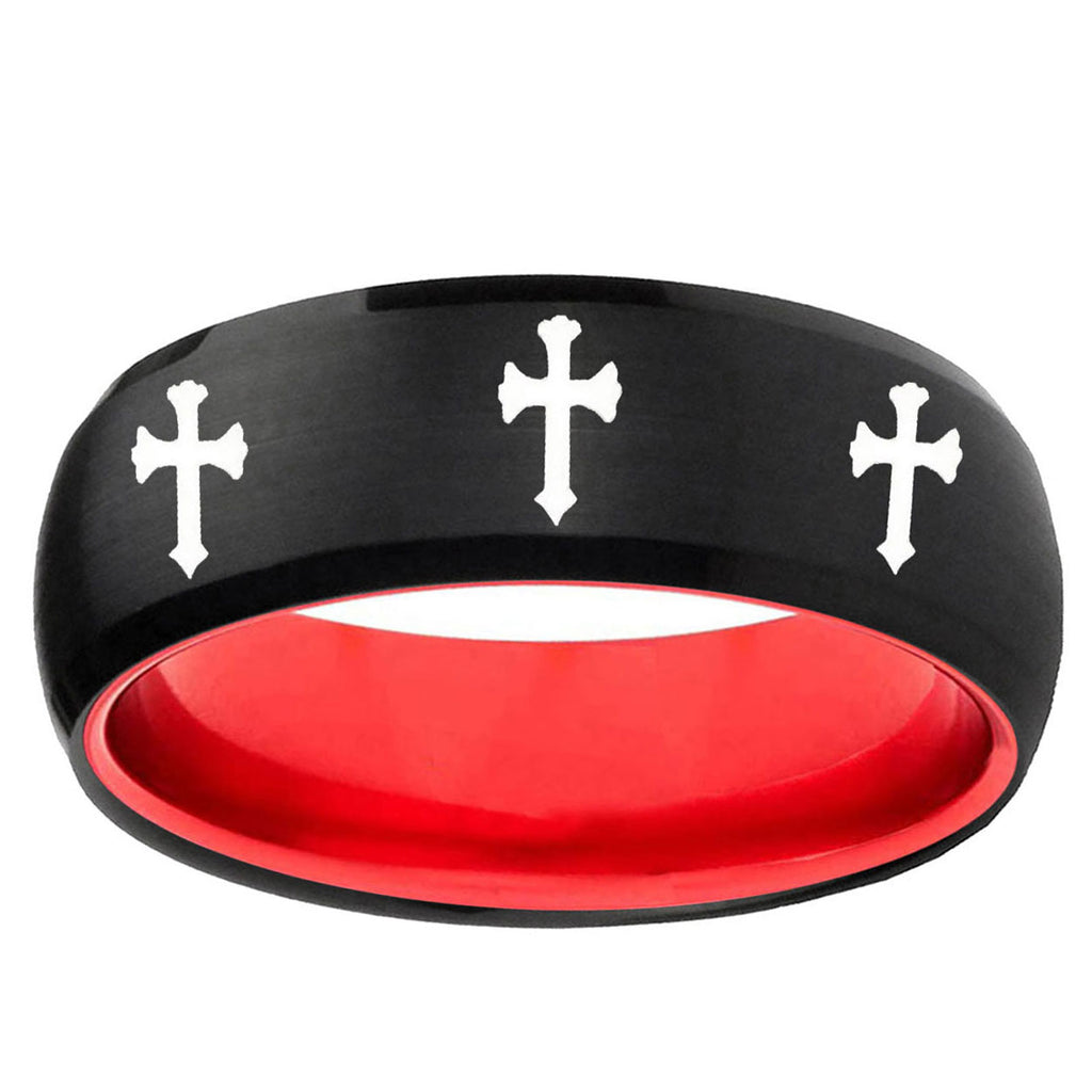 Multiple Christian Cross Dome Black And Red Tungsten Ring