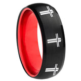 8mm Multiple Christian Cross Dome Black And Red Tungsten Men's Band Ring