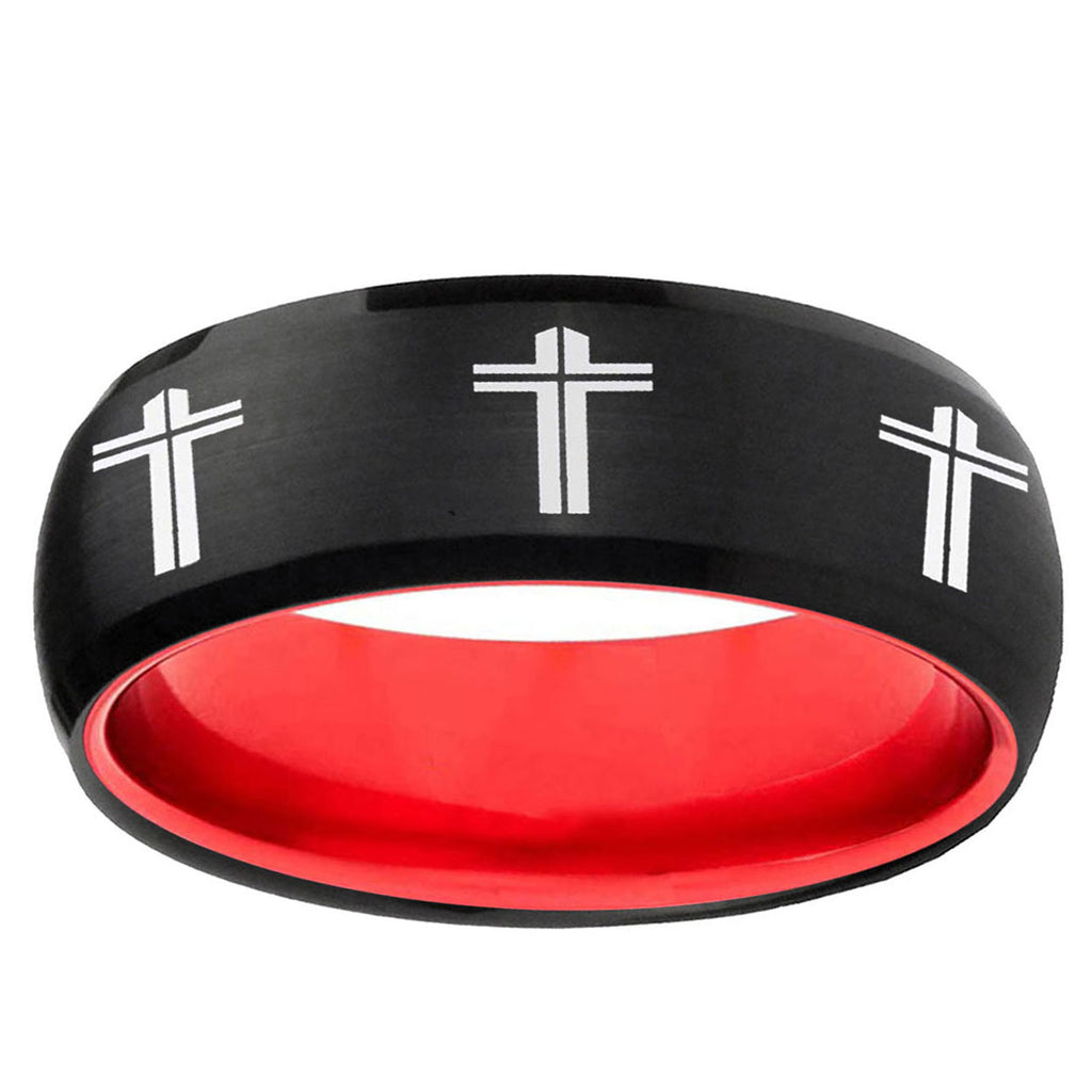 Multiple Christian Cross Dome Black Red Tungsten Mens Ring