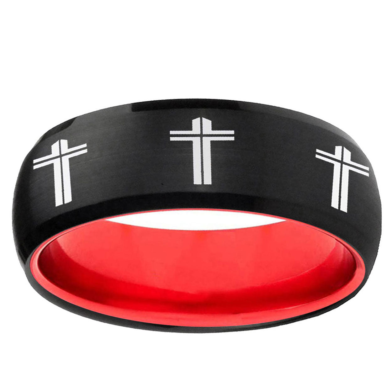 Multiple Christian Cross Dome Black Red Tungsten Mens Ring