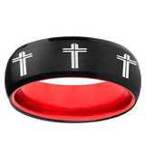 Multiple Christian Cross Dome Black And Red Tungsten Men's Band Ring