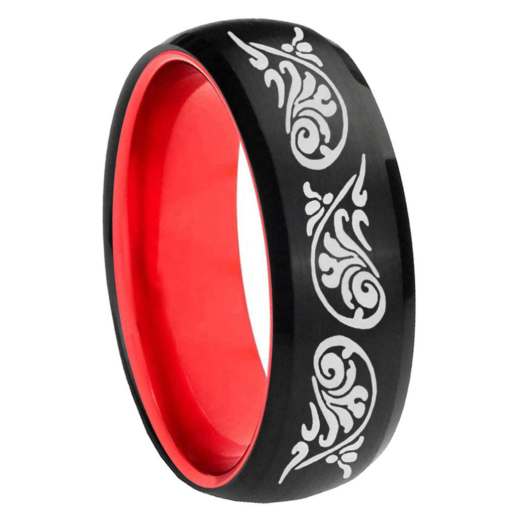 8mm Etched Tribal Pattern Dome Black Red Tungsten Ring