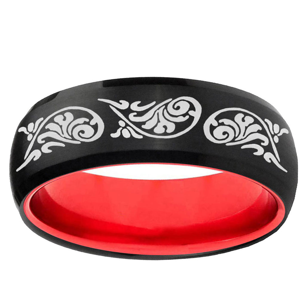 Etched Tribal Pattern Dome Black Red Tungsten Ring
