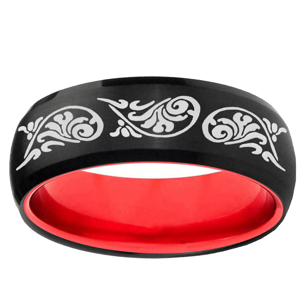 Etched Tribal Pattern Dome Black Red Tungsten Ring