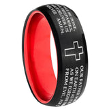 8mm Etched Lord's Prayer Cross Dome Black And Red Tungsten Ring