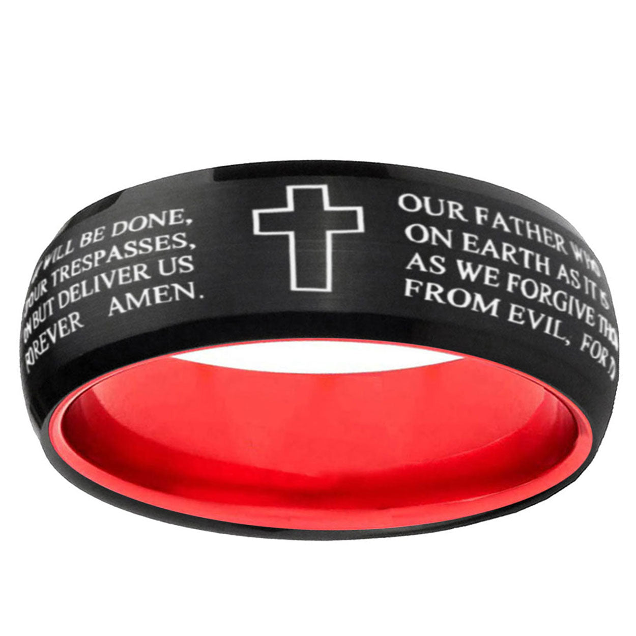 Etched Lord's Prayer Cross Dome Black And Red Tungsten Ring