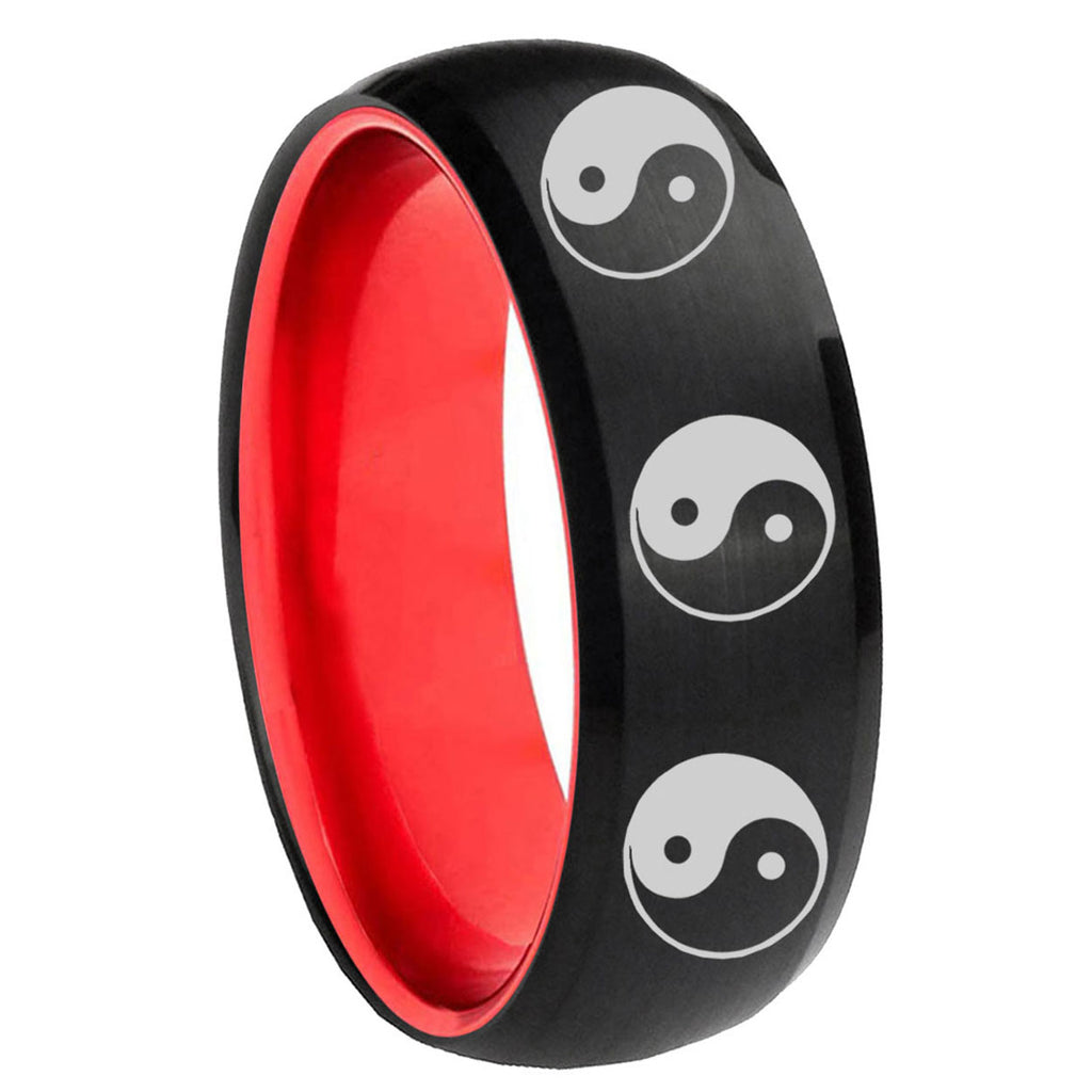 8mm Multiple Yin Yang Dome Black And Red Tungsten Promise Ring