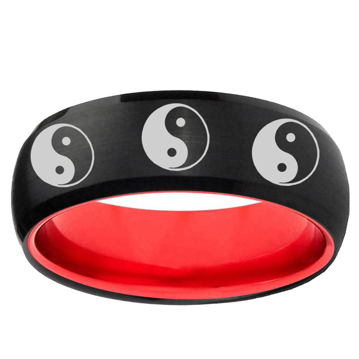 Multiple Yin Yang Dome Black And Red Tungsten Promise Ring