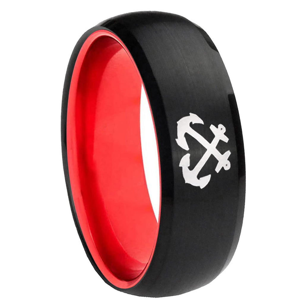 8mm Anchor Dome Black And Red Tungsten Wedding Band Ring