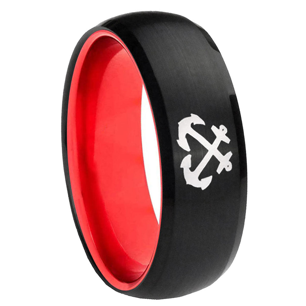 8mm Anchor Dome Black And Red Tungsten Wedding Band Ring