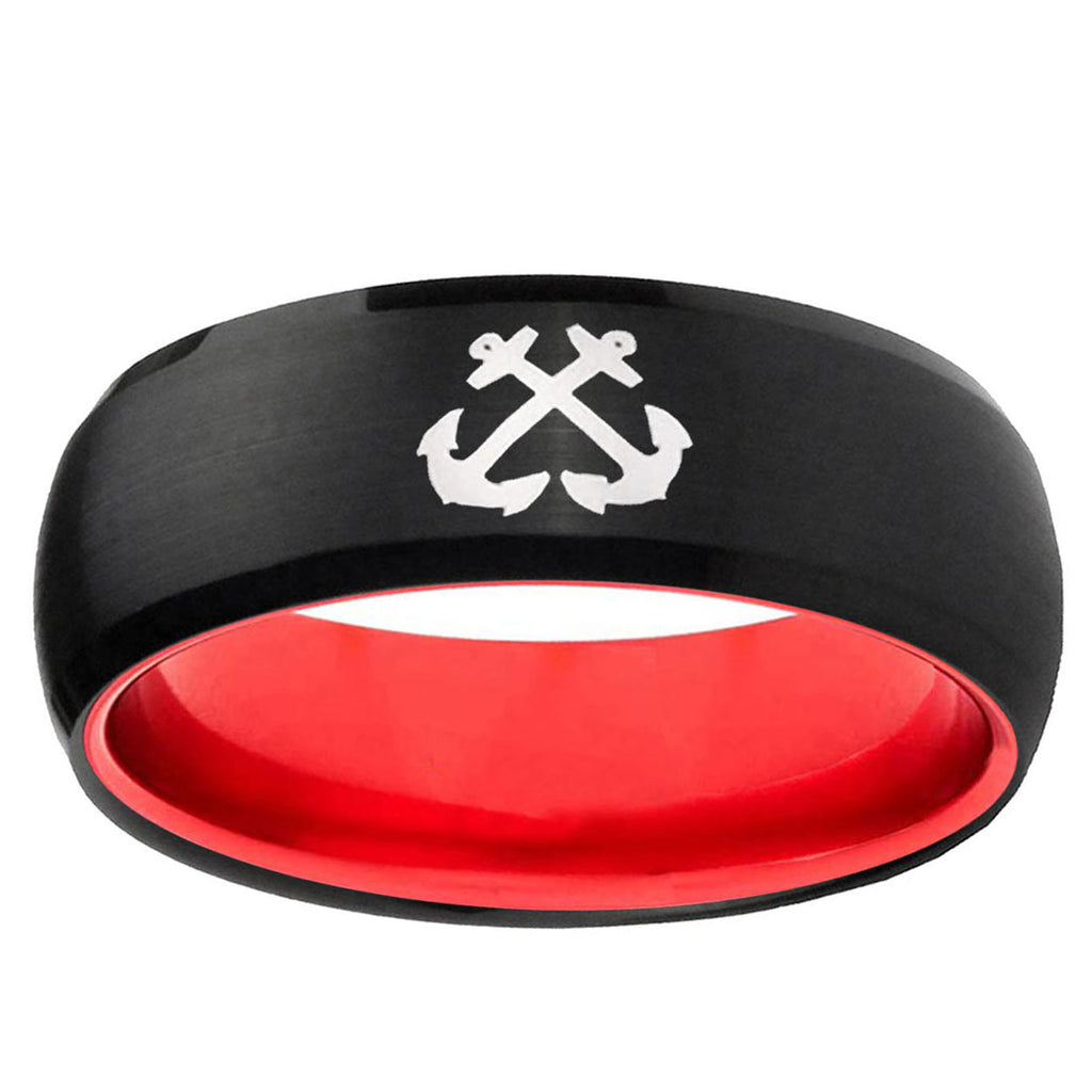 Anchor Dome Black And Red Tungsten Wedding Band Ring