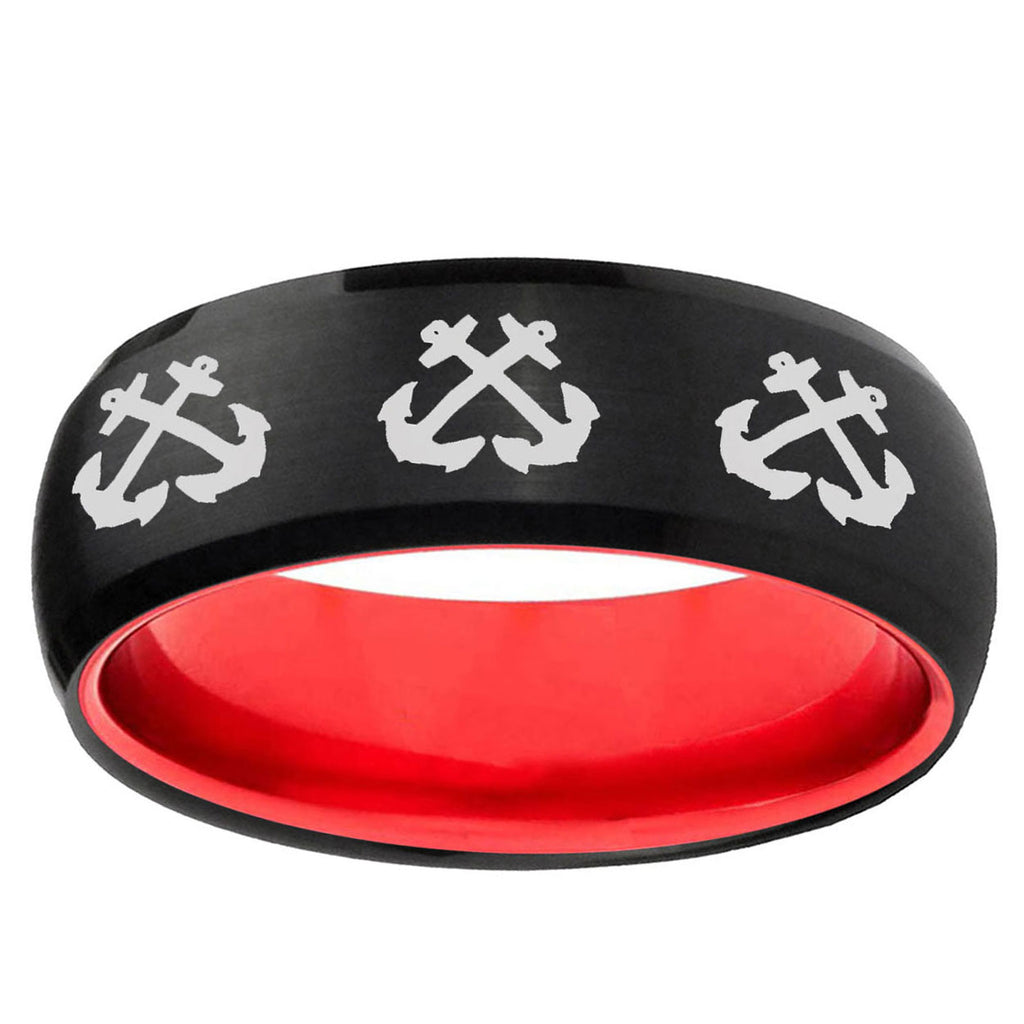 Multiple Anchor Dome Black And Red Tungsten Wedding Band