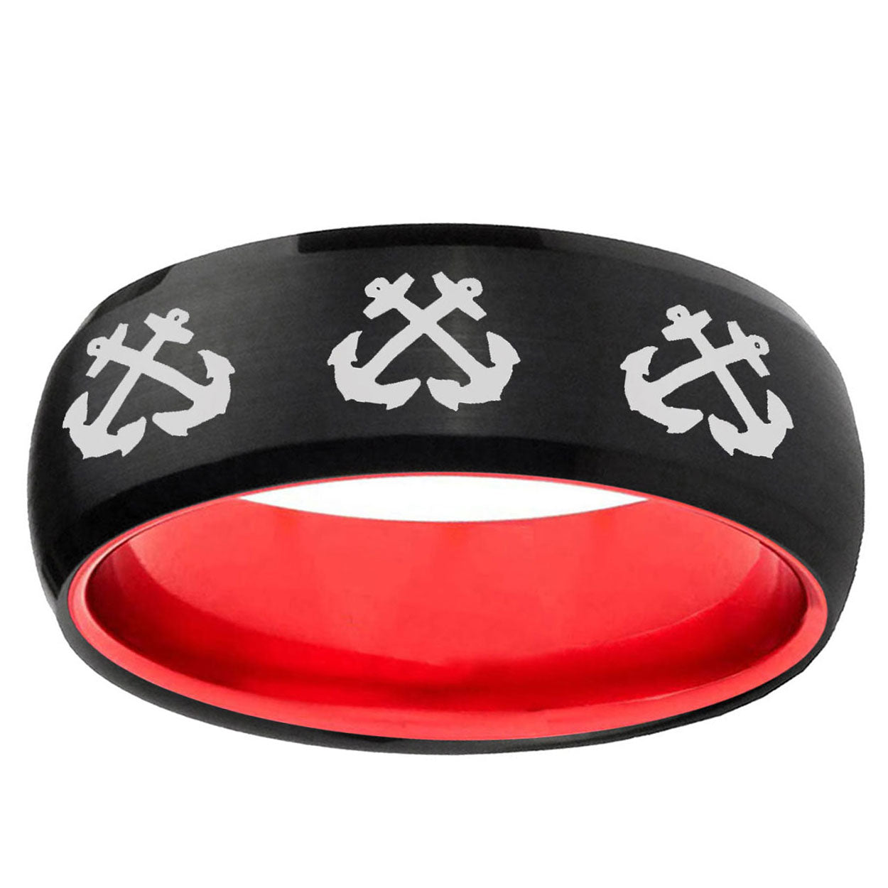 Multiple Anchor Dome Black And Red Tungsten Wedding Band