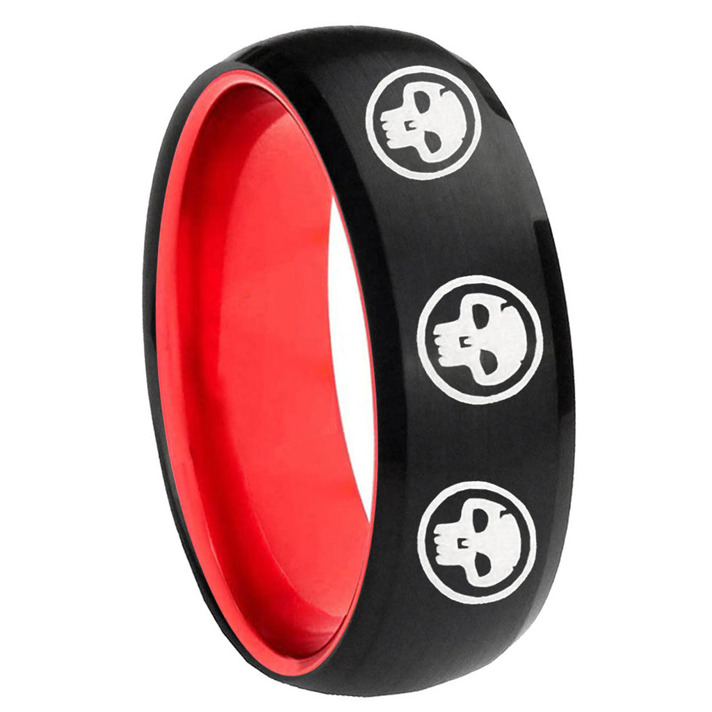 8mm Multiple Skull Dome Black And Red Tungsten Anniversary Ring