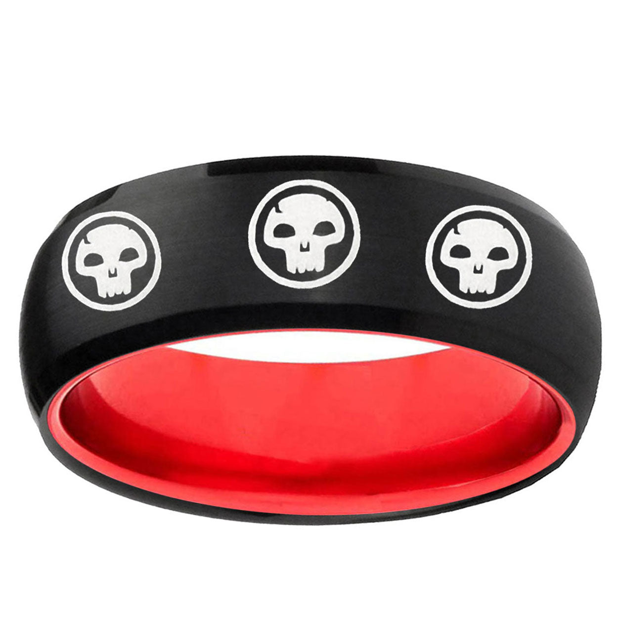 Multiple Skull Dome Black And Red Tungsten Anniversary Ring