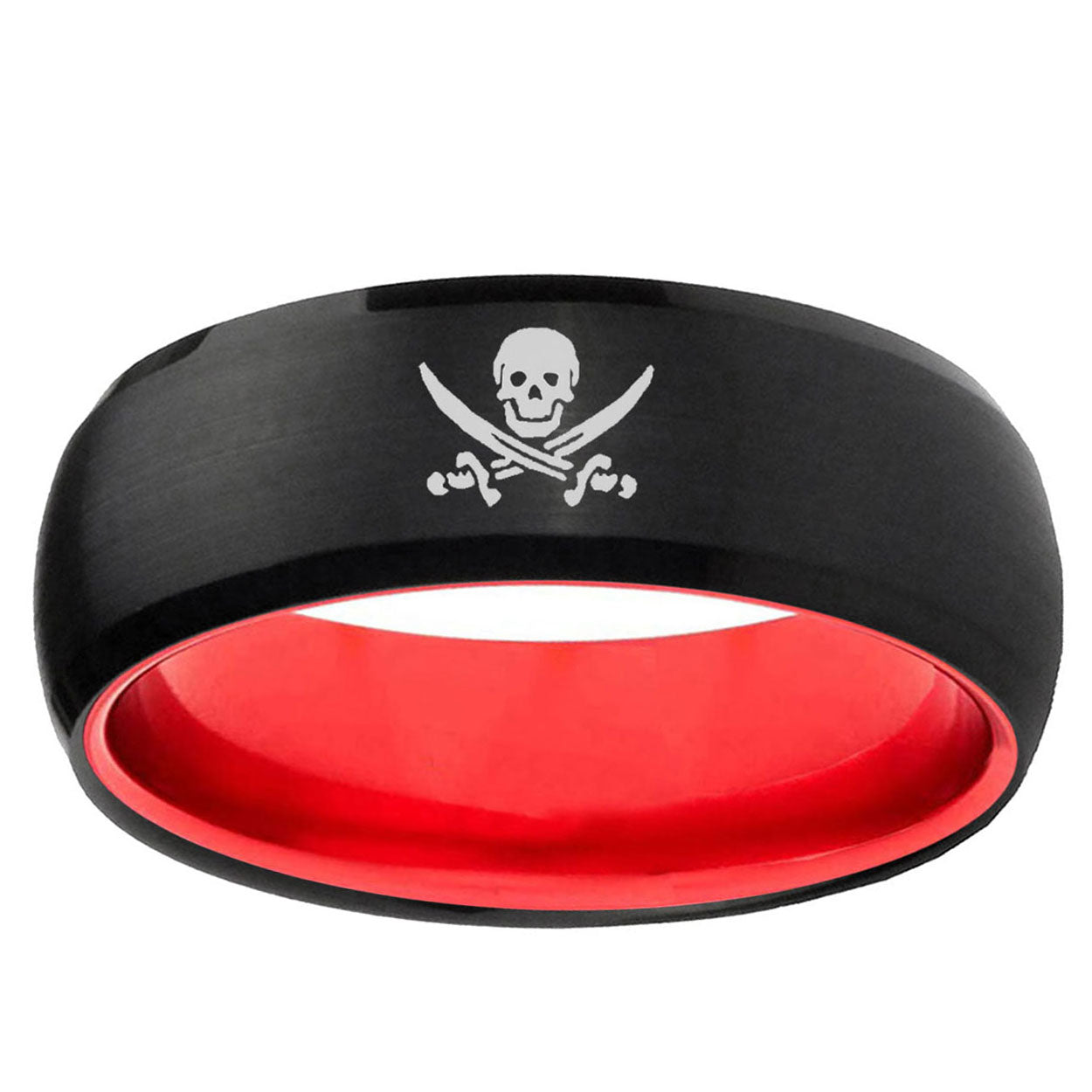 Skull Pirate Dome Black And Red Tungsten Men's Wedding Ring