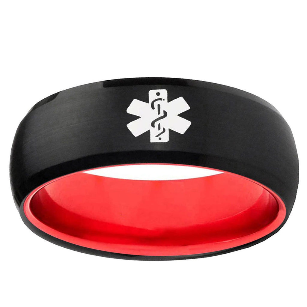 Medical Alert Dome Black Red Tungsten Engraved Custom Ring