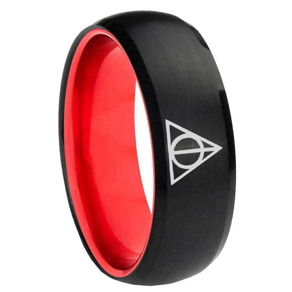 8mm Deathly Hallows Dome Black Red Tungsten Personalized Ring