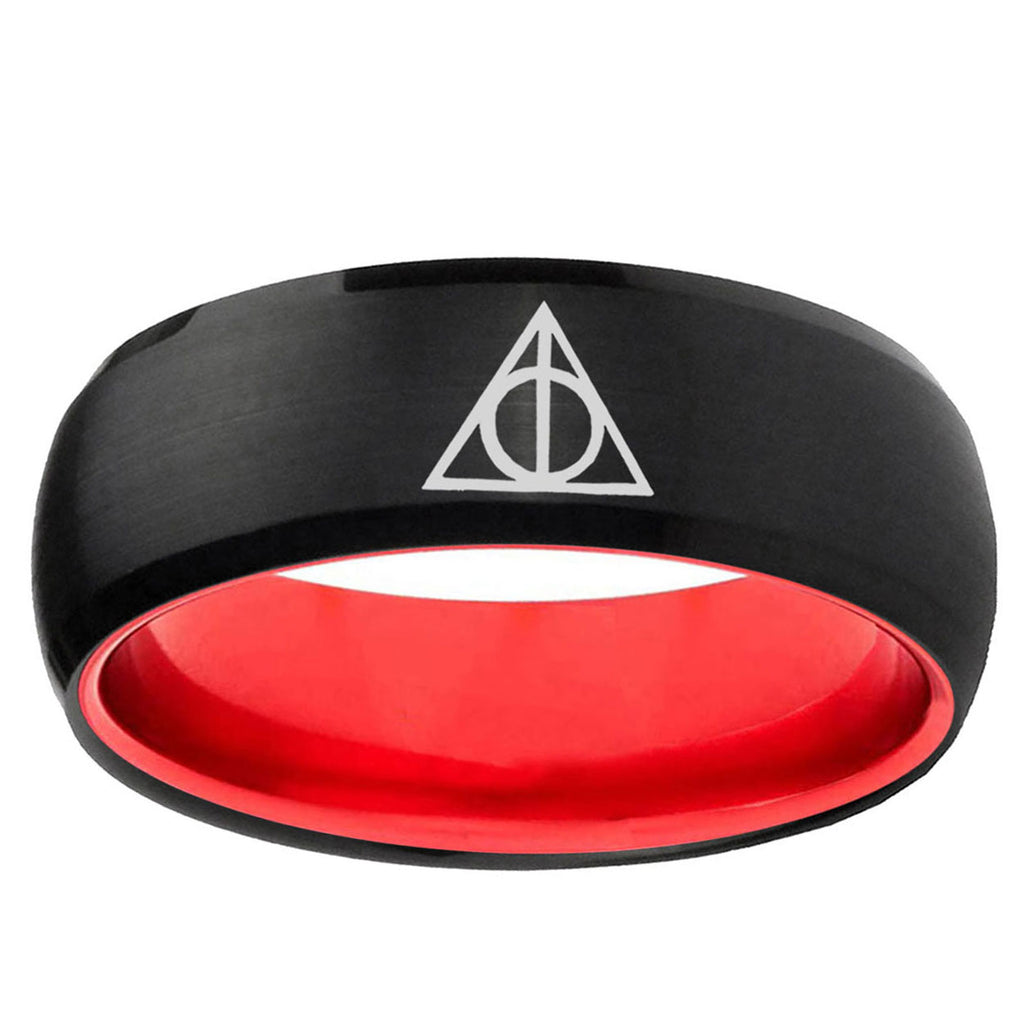 Deathly Hallows Dome Black Red Tungsten Personalized Ring