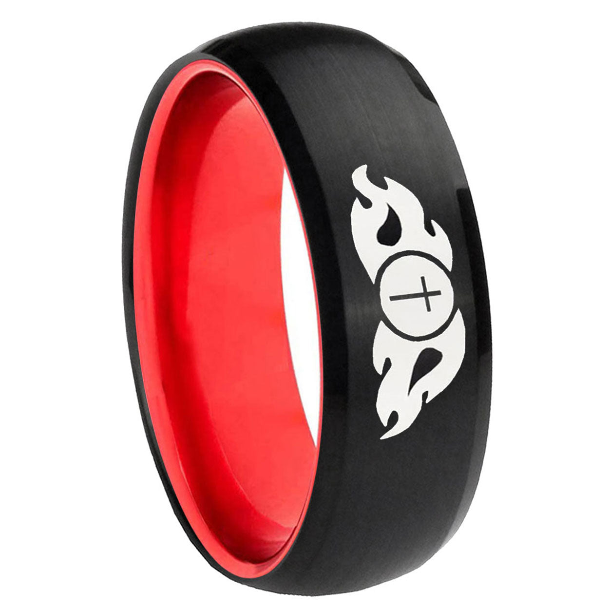8mm Flamed Cross Dome Black And Red Tungsten Promise Ring