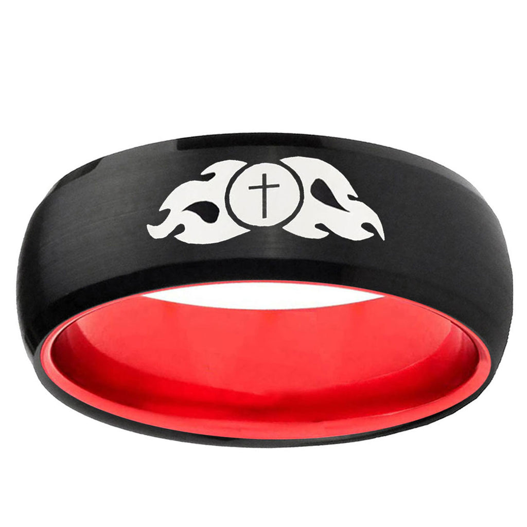 Flamed Cross Dome Black And Red Tungsten Promise Ring