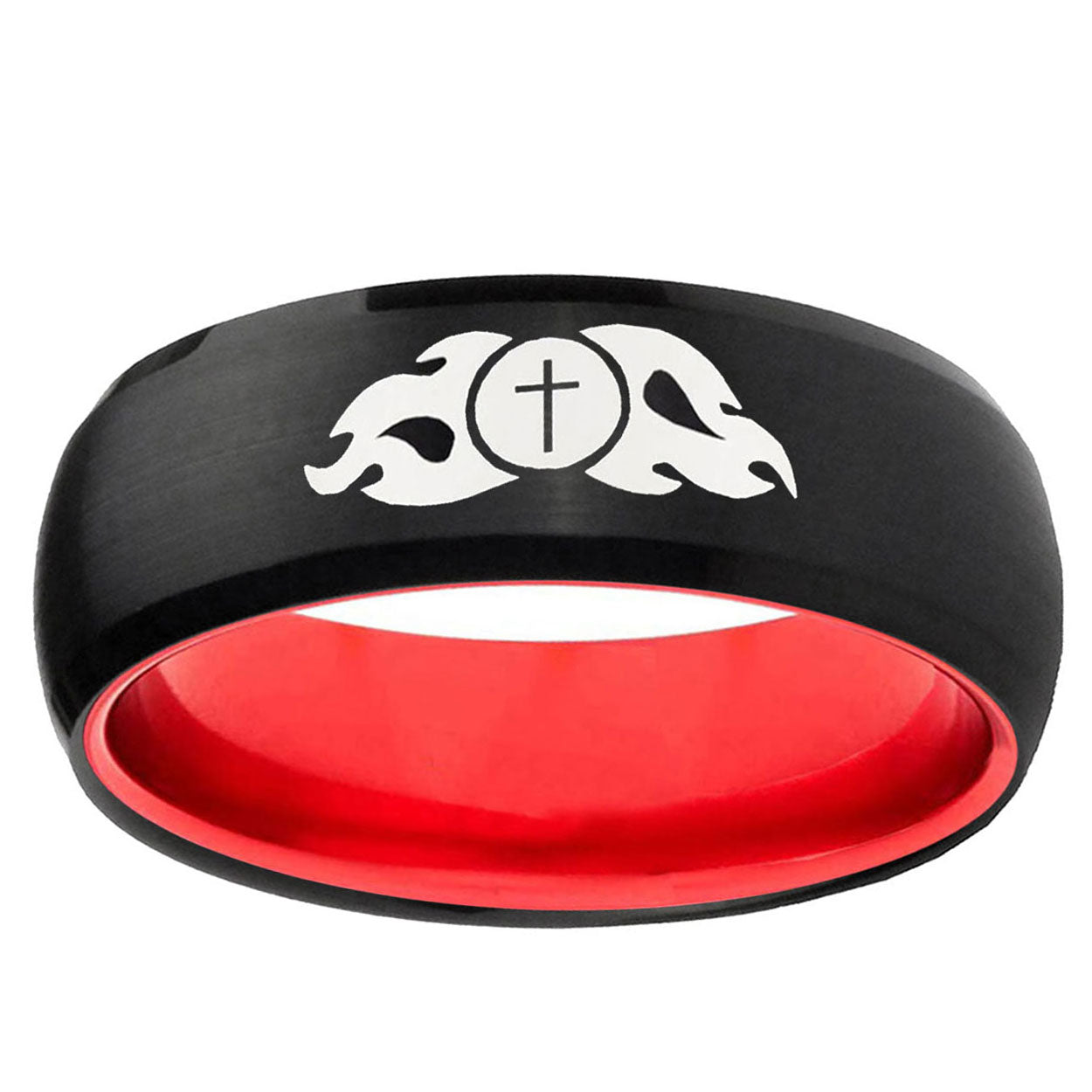 Flamed Cross Dome Black And Red Tungsten Promise Ring
