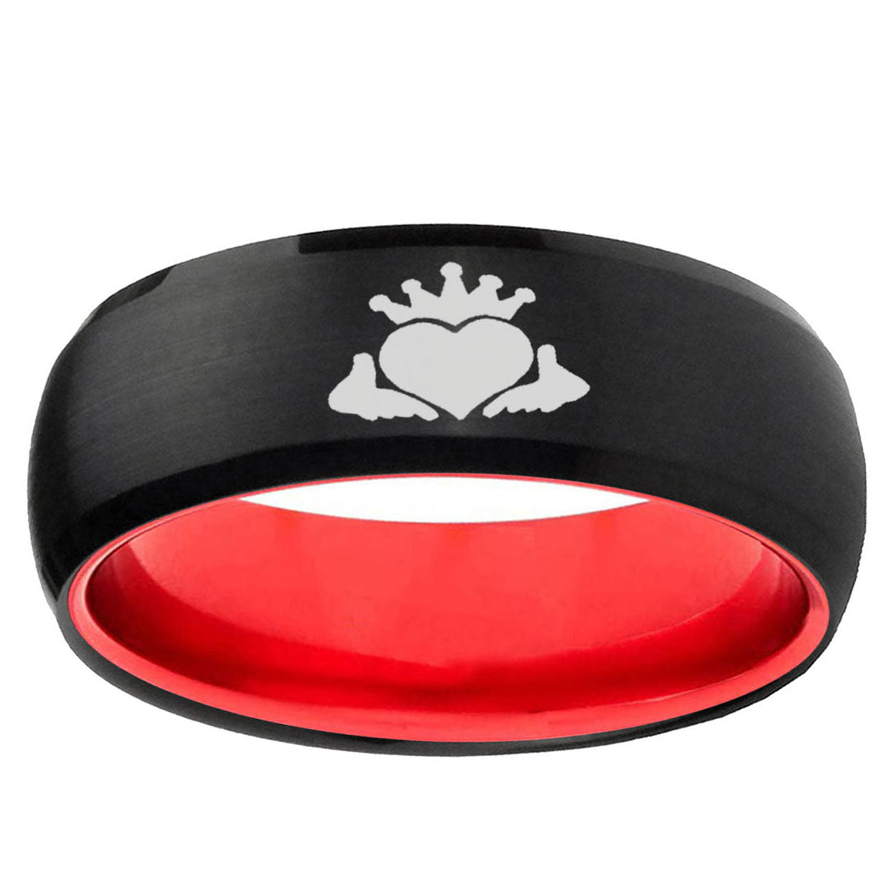 Claddagh Design Dome Black Red Tungsten Anniversary Ring